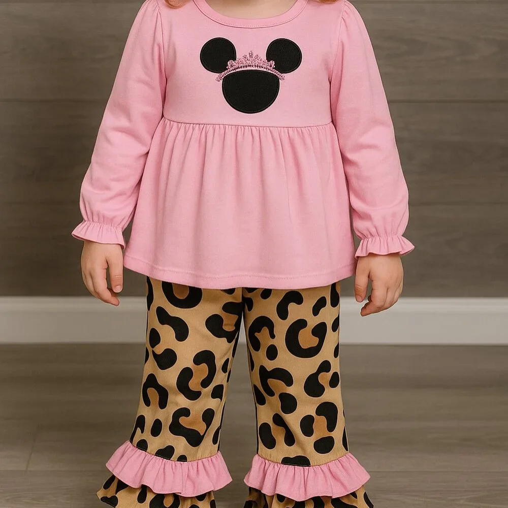 Pink Princess Mouse & Leopard Ruffle Pants Set - Picture 2 of 3